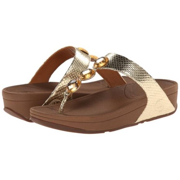 FitFlop Petra Sandals Beaded Microwobbleboard Pale Gold Foiled Snakeskin 8 - Picture 1 of 7
